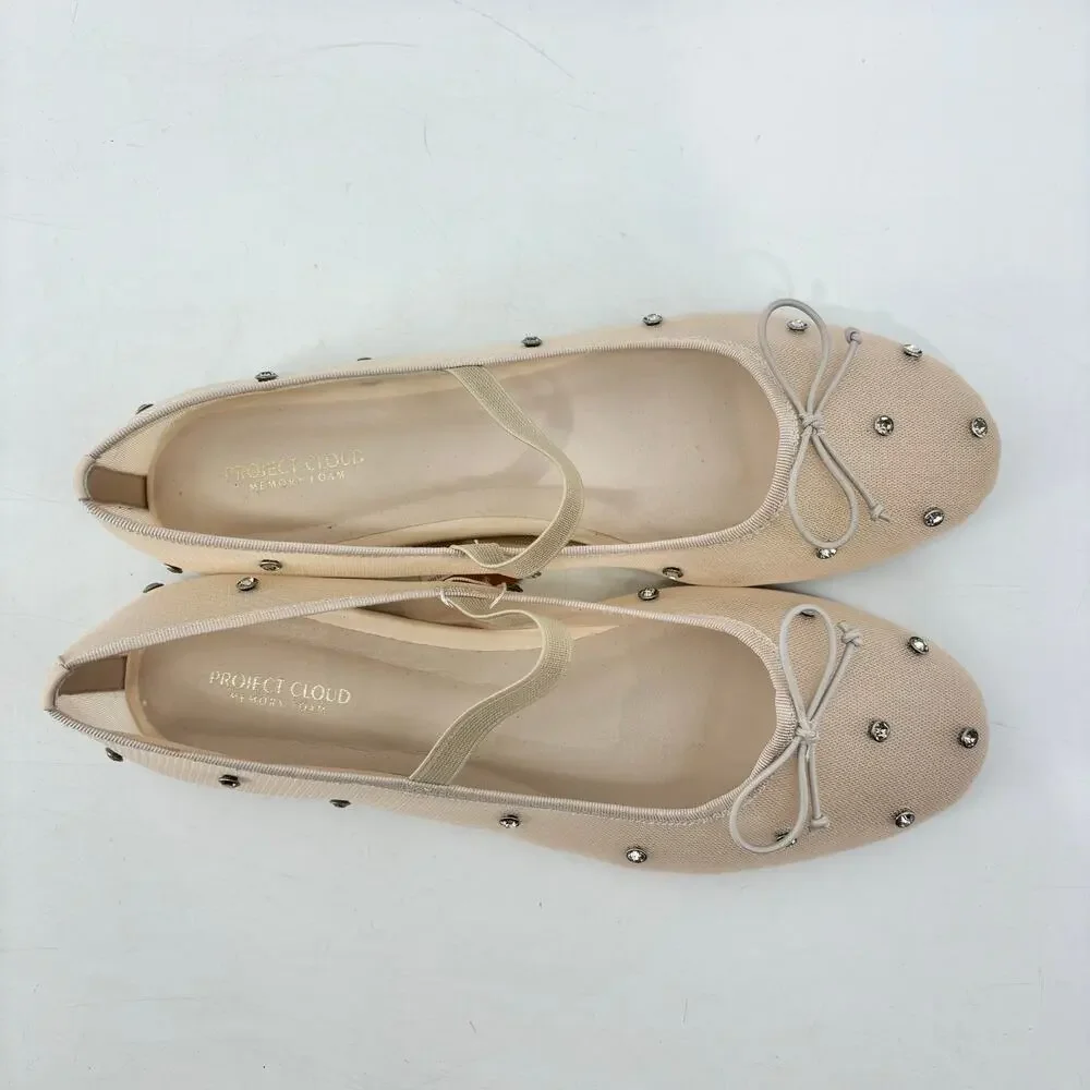 Project Cloud Amity Nude Rhinestone Ballet Flats Mesh Bow Glam